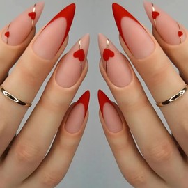 Press on Nails Medium Almond Heart Red French Tips Artificial Fake Nails with Valentine's day Designs Glossy Full Cover Acrylic False Nails Sets with Adhesive Tabs Glue ons Fingernails for Women