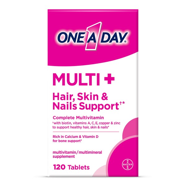 One A Day Multi+ Hair, Skin, & Nails Complete Multivitamin Tablet, A Boost of Support for Healthy Hair, Skin & Nails with Biotin and Vitamin A, C, Vitamin E & Zinc, 120 Count (4 Months Supply)