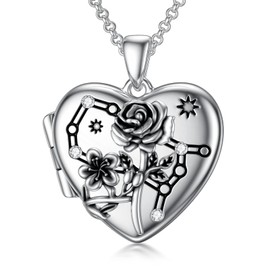 SOULMEET Birth Flowers Hawthorn Rose Gemini Locket Necklace That Holds Picture Sterling Silver Various Months May-June Constellation Photo Heart Locket Gift Lucky Horoscope (Locket only)