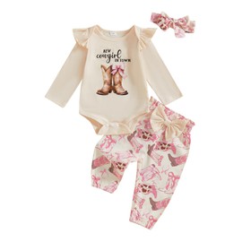 Baby Cowgirl Outfits Retro Ruffle Long Sleeve Bodysuit Cowgirl Boots/Pony Pants Headband Cute 3Pcs Country Western Fall Clothes First Rodeo Birthday Welcome Home (Beige, 3-6 Months)