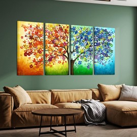 KREATIVE ARTS 4 Seasons Colorful Lucky Tree Painting Canvas Wall Art Abstract Contemporary Oil Paintings Giclee Prints for Living Room (Large Size 16x32inchx4pcs)