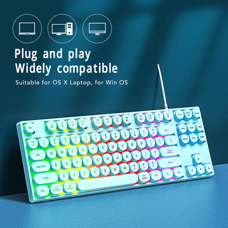 Gaming Keyboard USB Round 87 Keys Colorful Backlit Ergonomic Mechanical
