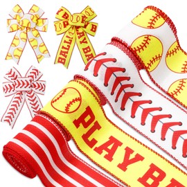 AnyDesign Softball Wired Edge Ribbon Red Yellow Baseball Ribbon Sports Ball Fabric Ribbon for Wreath Bow Making DIY Crafts Wrapping, 4 Rolls, 24 Yard