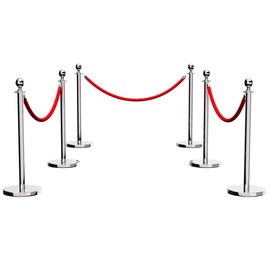 Stainless Steel Stanchion Post, 6 PCS 5FT Red Velvet Rope, Silver Stanchion Post with Ball Top, Hollow Base, Red Carpet Ropes and Poles, Crowd Control Barriers for Party