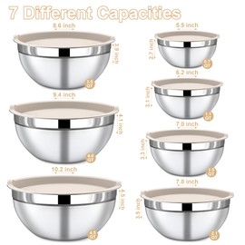 Funnydin 7 Piece Stainless Steel Mixing Bowls with Lids Set - Khaki Nesting Metal Mixing Bowls for Kitchen, Sizes 4.5, 4, 3.5, 2.1, 1.5, 1.1, 0.7 Qt for Baking, Cooking and Serving, Dishwasher Safe
