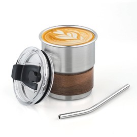 Uhuida Stainless Steel Kids Cup with Straw and Lid, 10 oz/300ml Leak-Proof Outdoor Water Cup, Small Metal Cup with Wooden Cup Sleeve, Suitable for Cold/Coffee