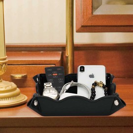 ABCHCHS Valet Tray for Men Women - PU Leather Travel Catchall Tray Organizer - Desk Bedside Nightstand Storage Box for Jewelry Key Phone Remote Controller Wallet Watch Glasses Coin Readers -Black