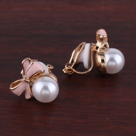 GRACE JUN Gold Plated bow-knot shape Pearl Clip on Earrings No Pierced for Women Ear Clip (Pink)