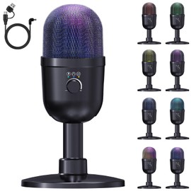Condenser Microphone, USB, Desktop PC Microphone, 192 kHz/24 bit, Recording, 2 Levels Noise Cancellation, Cardioid, 8 Types of RGB 0.6 inch (16 mm) Microphone Head, Quiet Mode, Reverb Mode, Hi-Fi