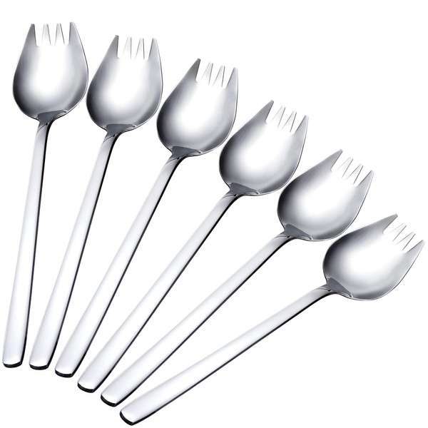2 in 1 Stainless Steel Spoon Fork 7.3 Inch Long Handle Salad Forks Dessert Spoons 6 Pieces (Silver)