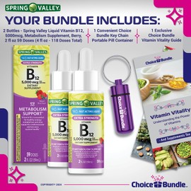 CHOICE BUNDLE Spring Valley Liquid Vitamin B12 5000 mcg Metabolism Dietary Supplement Berry 2 fl oz 2 pk (4 oz Total) + Vitamin Guide and Pill Container (4 Items)!