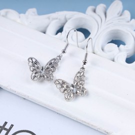 Inateannal Boho Crystal Butterfly Dangle Earrings Silver CZ Butterfly Drop Earrings Vintage Butterfly Hook Earrings Sparkle Rhinestone Earrings Jewelry for Women and Girls