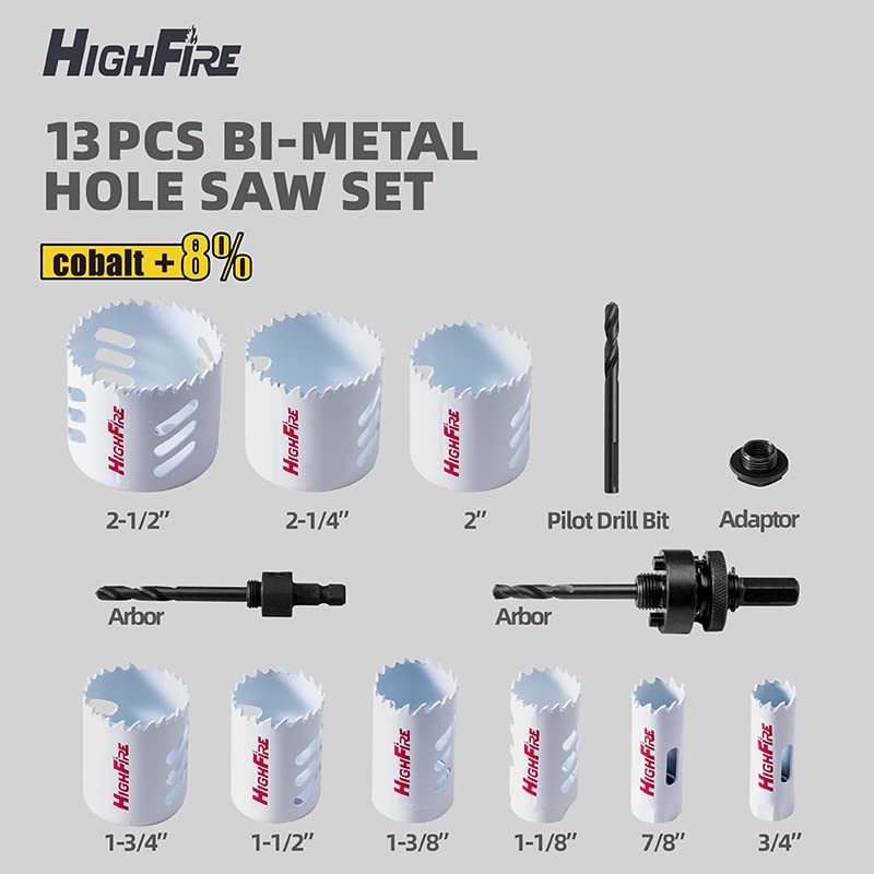 HIGHFIRE 13pcs Hole Saw Set,Bi-Metal Hole Saw Kit, M42 Bi-Metal