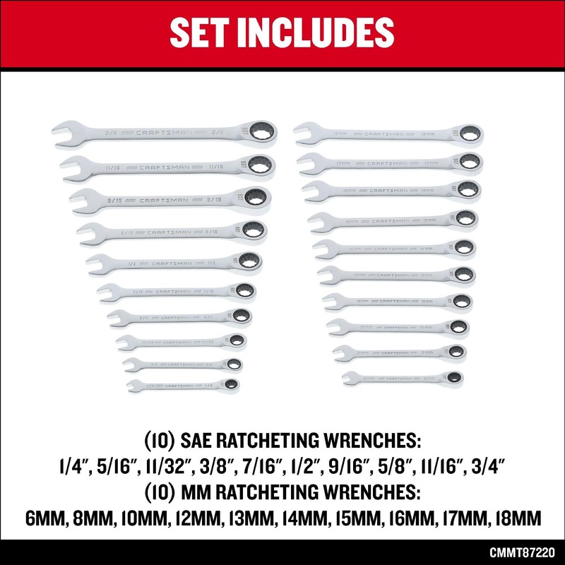 CRAFTSMAN 20 Piece Ratcheting Combination Wrench Set, SAE/Metric (CMMT87220)
