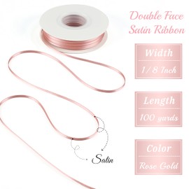 DINDOSAL Thin Blush Pink Ribbon 1/8 Inch Narrow Rose Gold Satin Ribbon for Crafts Wedding Decor Hanging Tags Christmas Ornaments - 100Yards