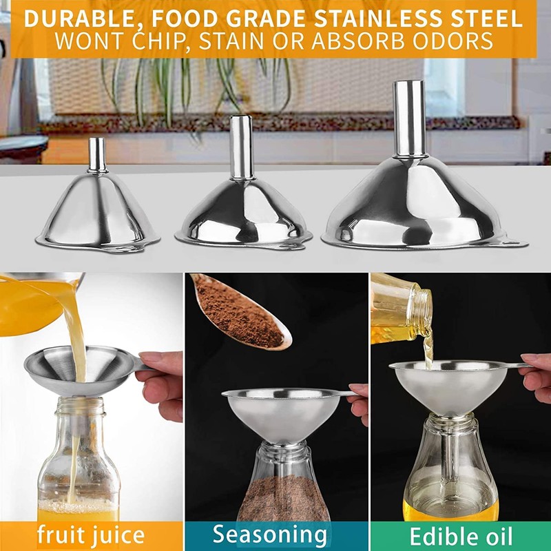 3pcs Stainless Steel Funnels - Kitchen Mini Funnel Set with