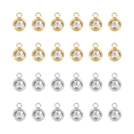 UNICRAFTALE 24Pcs 2 Colors Rhinestone Charms Stainless Steel Faceted Flat Round Birthstone Necklace Pendant Golden Metal with Crystal Glass Charms for DIY Earring Jewelry Making