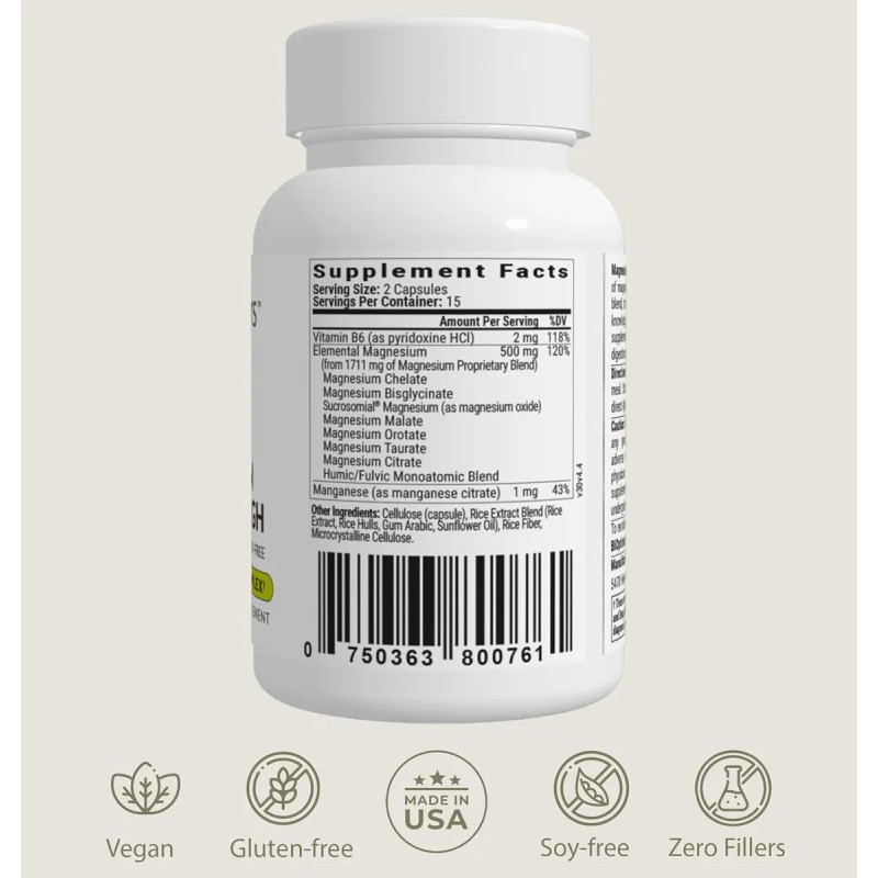 Magnesio Complejo BiOptimizers Cpsulas Sin Sabor Libre Gluten Vegano 30