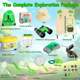 AMFUN 25PCS Outdoor Explorer Kit for Kids, Kids Binoculars Set, Outdoor Exploration Set Bug Hunting Costume Hat Vest, Children Outdoor Educational Kit, for Kids Science Nature Exploration Toys