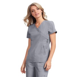 KOI Lite Women's Philosophy Mock Wrap Side Zipper Solid Scrub Top (Platinum Grey, Medium)