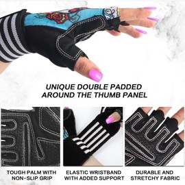 Weight Lifting Gloves for Women Gym Workout with Wrist Support,Padded Half Finger Gloves for Fitness Exercise (Blue&Bones, Small)