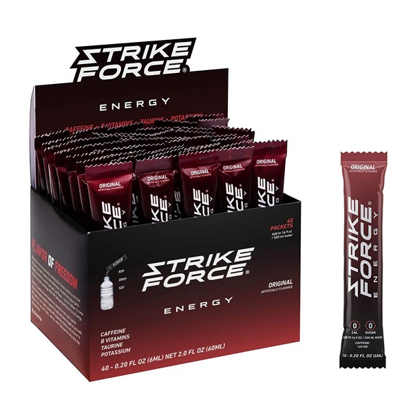 Strike Force Energy Drink Mix - Healthy Water Enhancer + Caffeine, Vitamin b12 & Potassium - Natural Tasting Flavor for Keto, Sugar Free & Vegan Diets. 40 Liquid Energy Packets - Original Flavoring