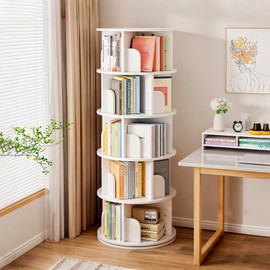 Royard Oaktree 5-Tier Round Rotating Bookshelf - 360° Spinning Bookcase Tower with Double-Layer Base, Space-Saving Display Shelf for Small Spaces, Living Room, Bedroom, Office, Warm White