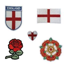Set of 5 England Embroidery Patch Iron on or Sew on Embroidered Motif Transfer English Flag Heart Rose Team Crest
