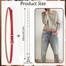 LECTNORE Women Skinny Leather Belt for Dresses Thin Waist Belt with Metal Buckle for Jeans Dress Pants(Red)