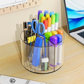 Mefirt Acrylic Pen Holder, 360 Degree Marker Organizer for Desk, Rotating Desk Organizer Acrylic Crayon Organizer with 4 Compartments, Art Supply Storage Organizer for Office School Home, Clear
