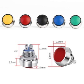 QitinDasen 10 x Premium 12 mm Round Head Momentary Push Button Switch, 2-Pin Screw Clamp Metal Push Button Switch, IP65 Waterproof Lockless Push Button Switch (5 Colours)