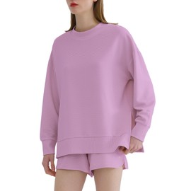 DITOK Women’s Tracksuit Set – Comfy Ribbed Knit Sweatshirt & Shorts,Sweat Set for Women Ideal for Casual Summer Wear, Pink