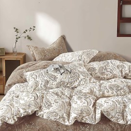ALEISSEL 100% Natural Cotton Vintage Duvet Cover King Size - Luxurious Paisley Patterns Printed on Brown & White, Reversible Design with Durable Button Closure(3 Pieces,104"×90")
