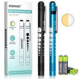 RISEMART 2 Pack Pen Light for Nurse, Medical Penlight with One-Button Switch for White & Warm Light, Pupil Gauge & 5cm Ruler, Pocket Clip, Portable Tool for Nursing, Doctors, Students（Black&Blue）