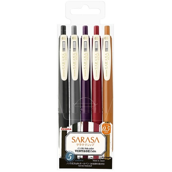 ZEBRA Sarasa Clip Gel Ink Ballpoint Pen 0.5mm, Rubber Grip, Vintage Colors, 5 Colors Set 2 (JJ15-5C-VI2)
