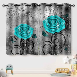 EOTDMS Teal and Gray Curtains Turquoise Rose Raindrop Floral Gray Art Bedroom Decor Blackout Window Curtains for Girls Bedroom Living Room 52x63 Inches 2 Panels