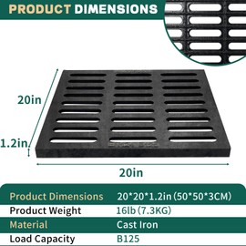 Tongmo 20x20 Cast Iron Drain Grate, B125 Class Sewer Grate, Weather-Resistant Outdoor Drain Cover, Heavy Duty Channel Grate, Black Square Drainage Grate (19.7”x19.7”)