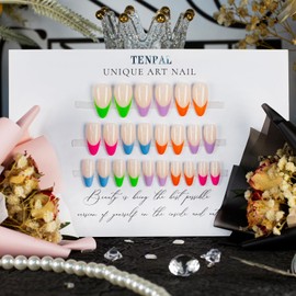 TENPAL French Tip Press On Nails Short Almond Reusable Candy Color Glue on Nails Short In 24pcs/Box Soft Gel Fake Nail Kit Classic Ballet French False Nails With Glue Spring Summer Nails For Women