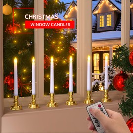PChero Window Candles with Remote Timer, 6 Packs 7.9" Battery Operated Flameless LED Taper Candles Lights with Removable Gold Candle Holders, Ideal for Thanksgiving Table Christmas Fall Home Decor