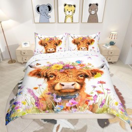 Homemissing Highland Cow Duvet Cover Set Single Size For Kids Boys Girls Teens Blossom Flowers Pattern Bedding Set Farmhouse Animal Comforter Cover with 1 Pillowcase Western Decor Bed Sets
