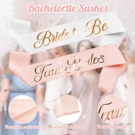 JUSTOTRY Bachelorette Party Sash Set - 1 White Bride to Be Sash and 6 Pink Team Bride Sashes Bridal Party Supplies with Shiny Rose-Gold Font Bridesmaid Sashes