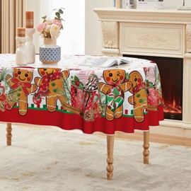 Horaldaily Christmas Tablecloth 60×84 Inch Oval, Gingerbread Man Cute Christmas Bear Ball Ornaments Washable Table Cover for Party Picnic Dinner Decor