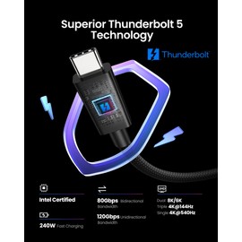 Silkland [Intel Certified] 80Gbps Thunderbolt 5 Cable Prime Braided, up to 120Gbps Bandwidth for Dual 8K/6K, 240W, Compatible for Thunderbolt 4/3, USB4, SSD, MacBook M4 Pro, Dock, eGPU, 3.3FT/1M