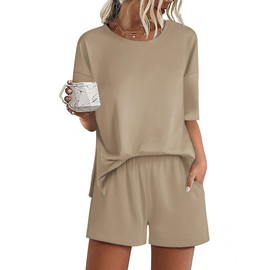 Ekouaer Pajamas for Women Set 2 Piece PJ Soft Comfy Lounge Sets Short Sleeve Tops Shorts Sets Cotton Sleepwear,XL Khaki