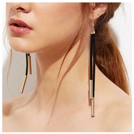 Allereya Boho Leather Fringe Earrings Black Suede Tassel Earrings Long Drop Dangle Earrings Tribal Earrings Jewelry for Women and Girls