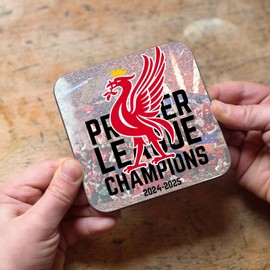 Liverpool inspired Football League Champions 2024-2025 Wooden Drinks Tea Coffee Work Office Coaster, Red & Black Design Fan Gift
