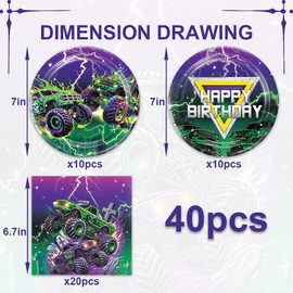 ACIYHN 40Pcs Green Purple Monster Truck Party Paper Plates for Monster Truck Birthday Party Racing Car Theme Disposable Tableware Dinnerware Set for Kids Boys Monster Truck Birthday Party Supplies
