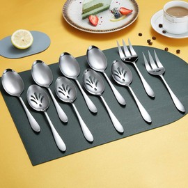 HOMQUEN 10-Piece Serving Flatware Silverware Set,Stainless Steel Serving Utensil Set,Include Slotted Serving Spoon, Serving Spoon, Serving Fork(Silver)