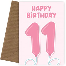 11th Birthday Card for Girls - Pink Balloons - 11 Year Old Girl Bday Card for Daughter, Sister, Granddaughter, Cousin or Niece. Happy Birthday Cards for 11 Year Old Girls