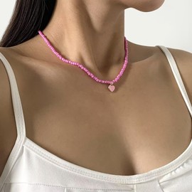 Azusa Sun Boho Heart Beaded Choker Necklace Love Heart Summer Beach Colorful Beaded Pendant Necklace For Women Fashion Jewelry Gift （Yellow）